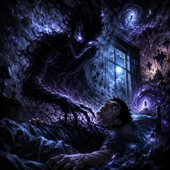 Person trapped in sleep paralysis while a giant shadow figure looms over the bed